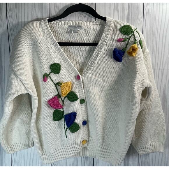 RARE Vintage 90s Embroidered Floral Cropped V neck Cardigan Small Jennifer Reed - Picture 2 of 13